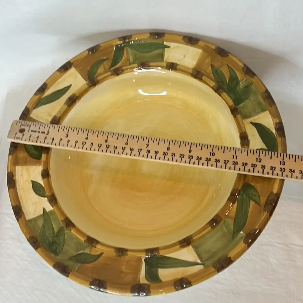 WCL Ceramic Bowl Serving Dish 3 In Tall 13 In Round Gold Yellow Green Leaf